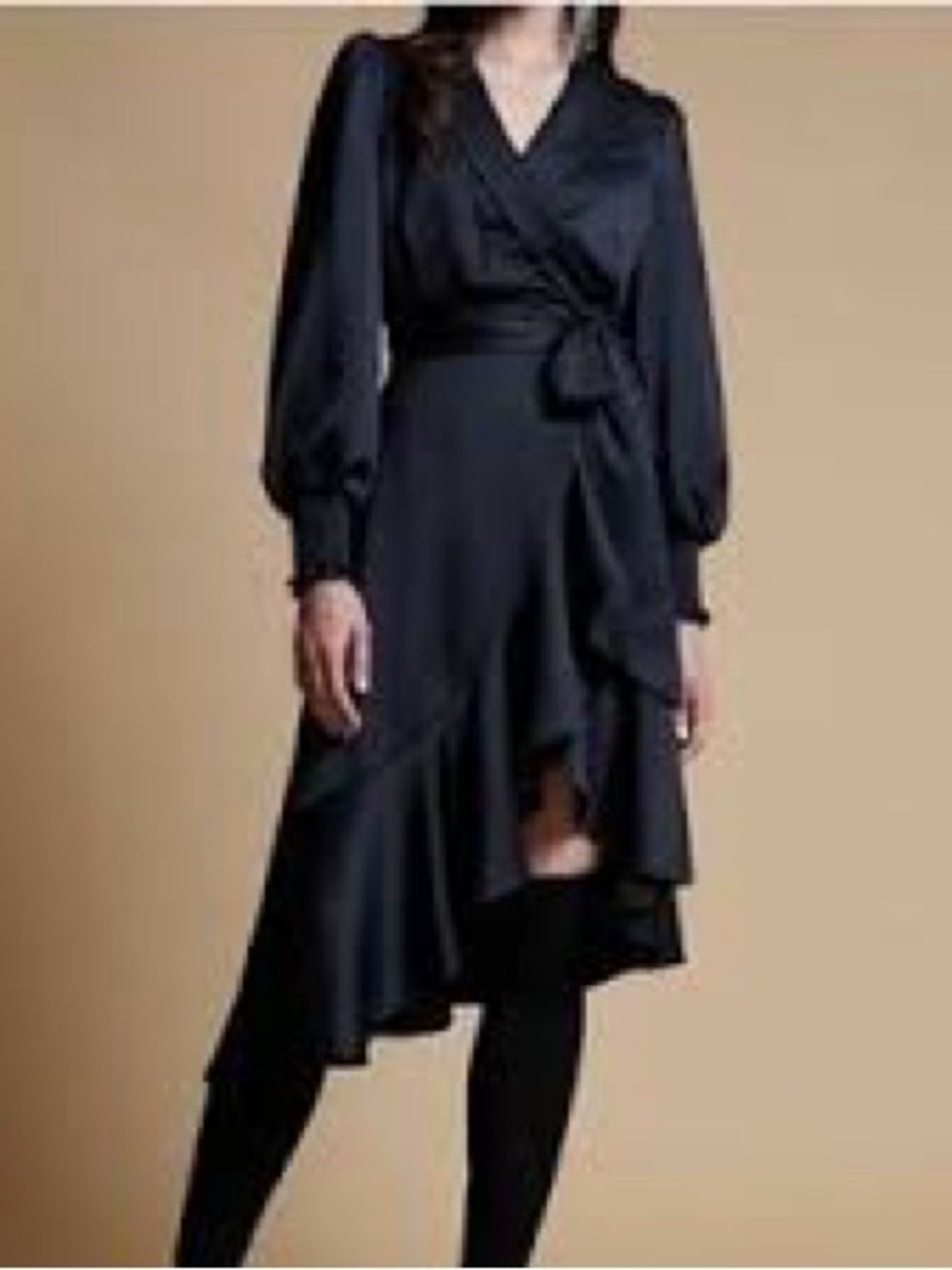 Rachel Parcell Black Satin Wrap Dress with Ruffle Hem - XS NWT - Picture 2 of 7